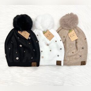 C.C Studded Star Pom Beanies for Adults, Winter Hats, Premium Hats Warm Hat